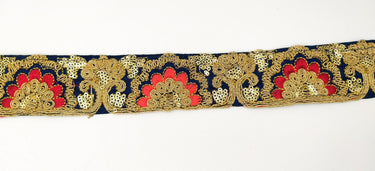 Navy Blue Art Silk Trim With Intricate Floral Embroidery With Sequins, Lace Trim, Indian Lace Trim